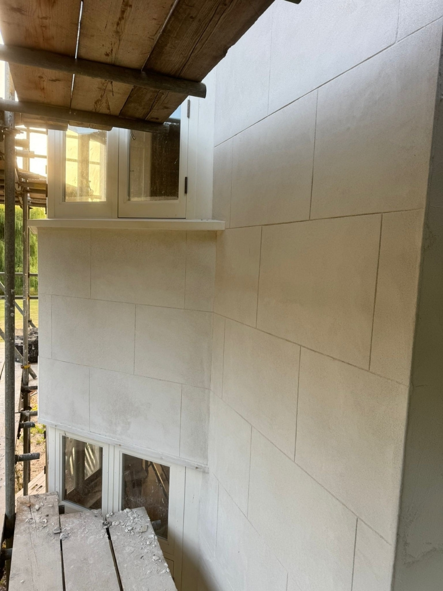 Detailed ashlar lines recreated in insulating lime render finish